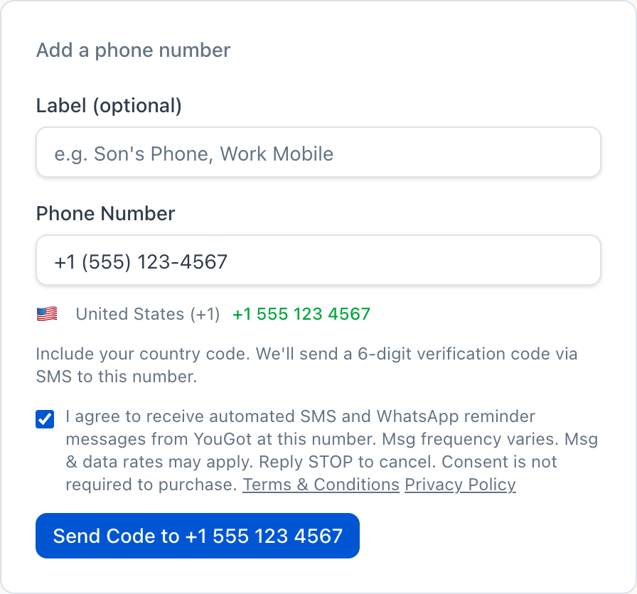 Step 2: Consent Checkbox Checked — Send Code Enabled