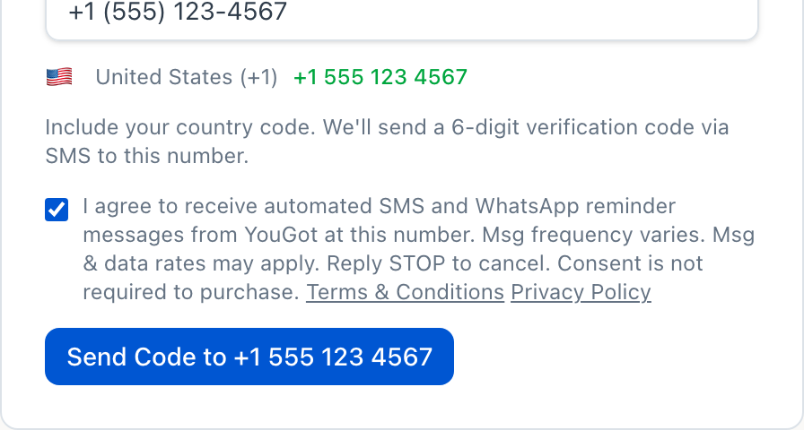 Zoomed view: consent checkbox checked, Send Code button enabled