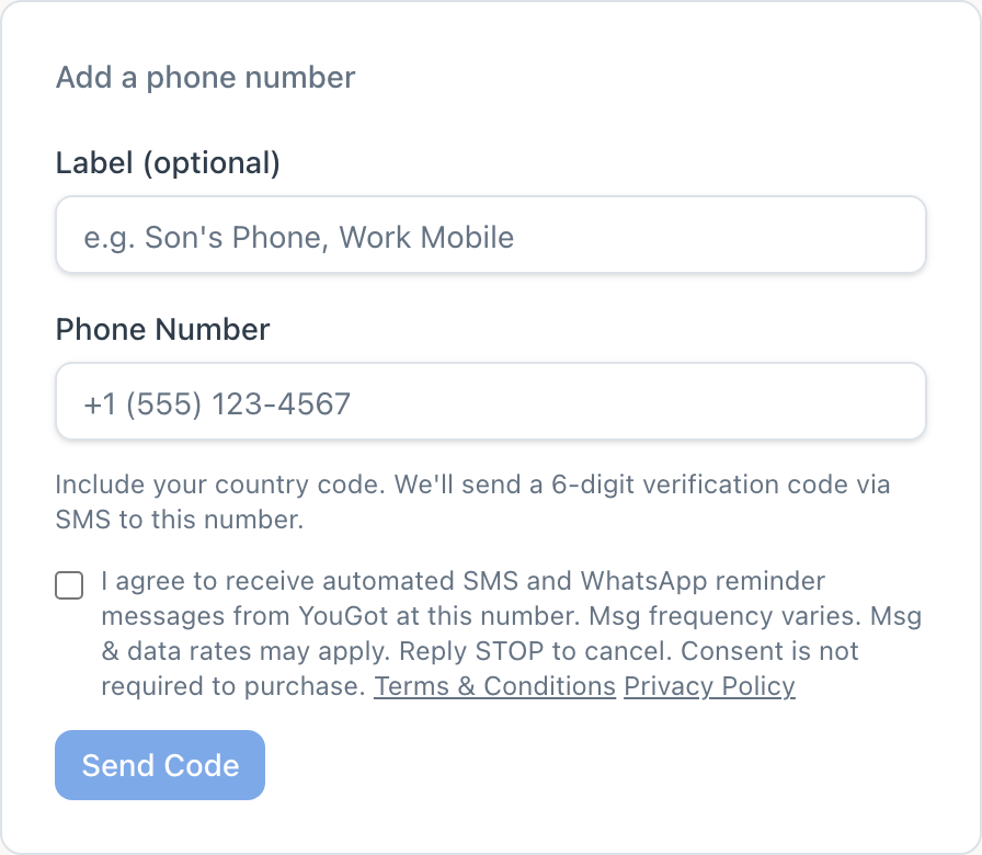 Step 1: Phone Number Entry — Consent Checkbox Unchecked